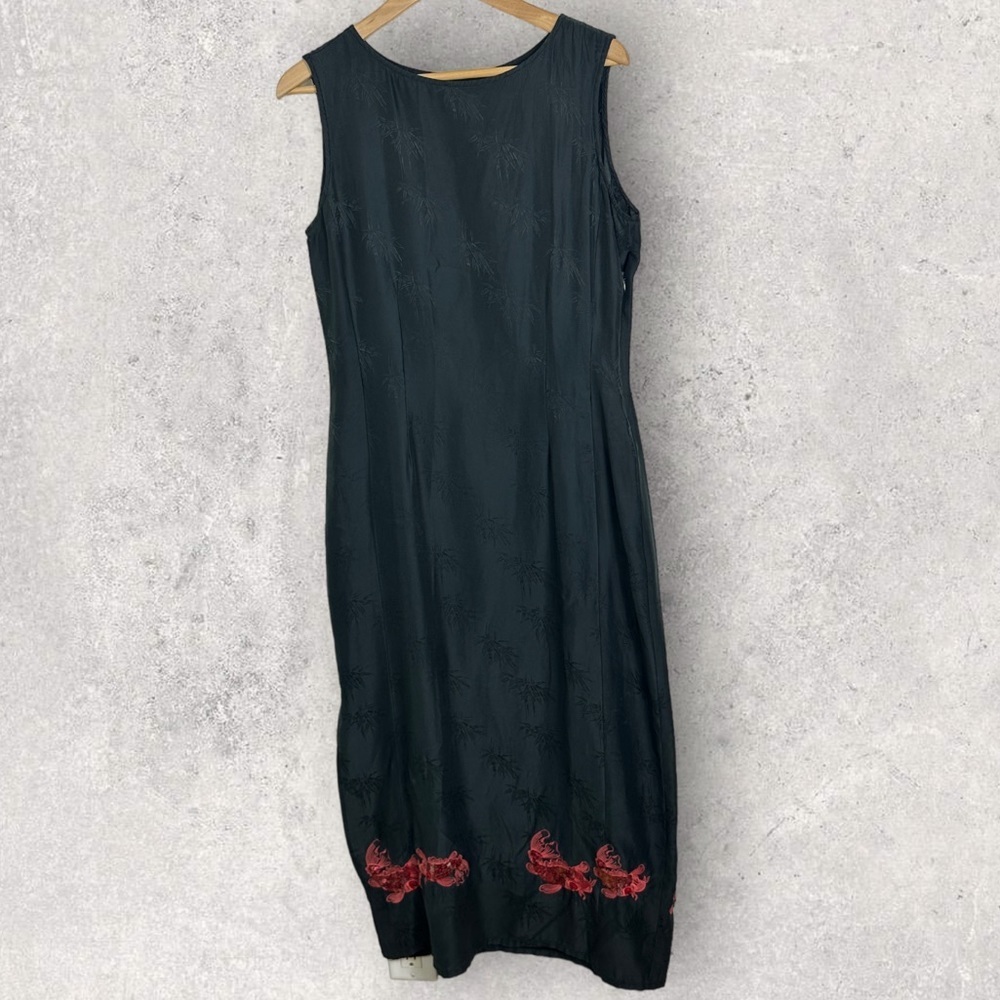 Vintage Citron 100% Silk Black Maxi Dress Fish Embroidery Size Small Side Zipper - Picture 13 of 14
